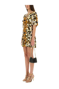 Rabanne women’s mini dress with shimmering gold and black sequins and short sleeves perfect for sparkling occasions