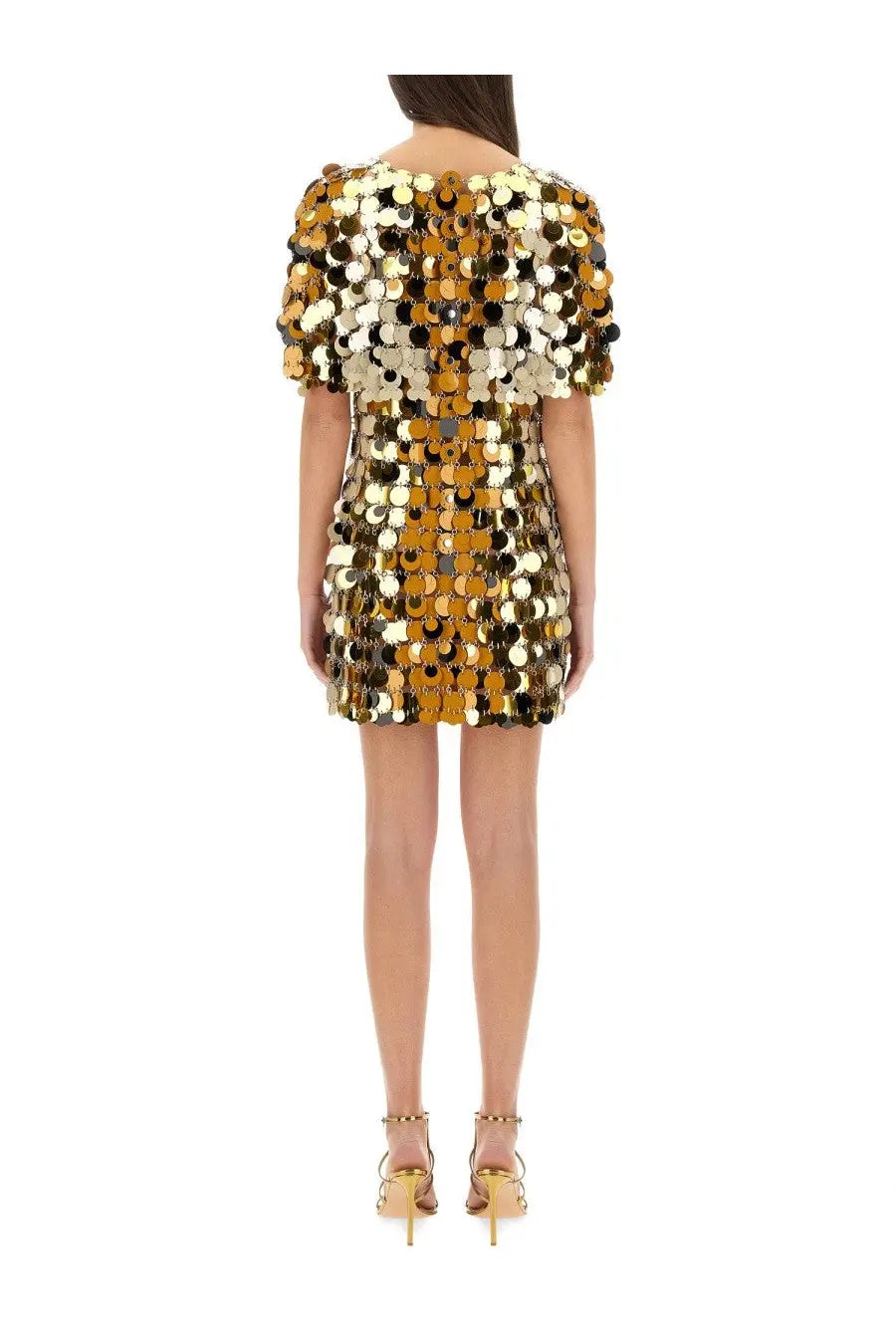 Rabanne women’s sparkle discs mini dress in gold with black sequins and short puffed sleeves