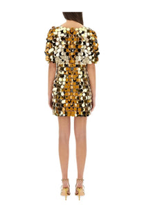 Rabanne women’s sparkle discs mini dress in gold with black sequins and short puffed sleeves