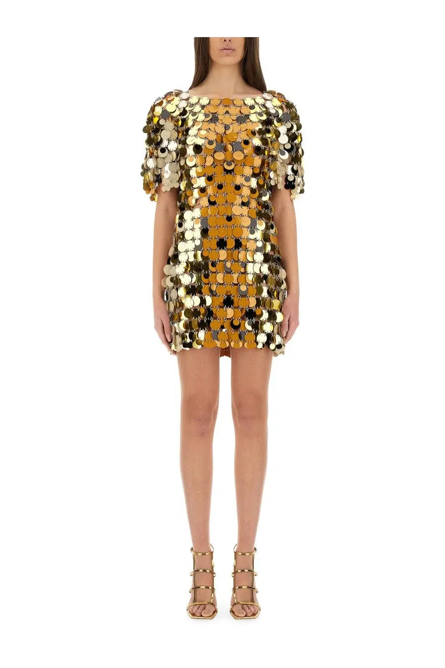 Rabanne women’s sparkle discs mini dress in gold with black sequins and short puffed sleeves