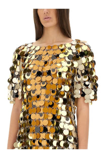 Rabanne women’s sparkle discs mini dress in gold with shimmering black and gold sequined chain-link design