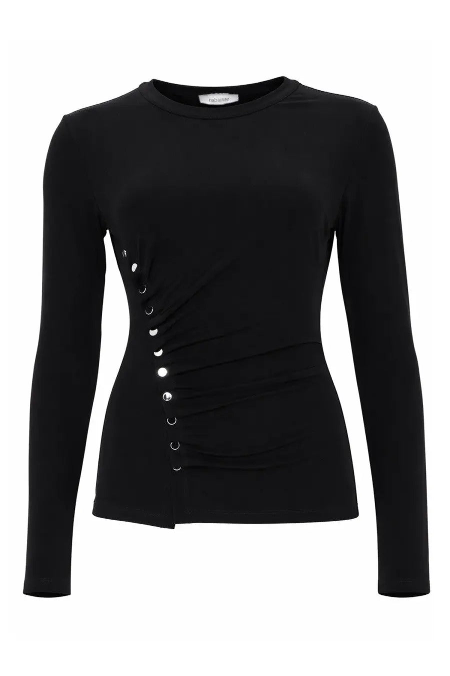 Rabanne women’s black long-sleeved fitted top with silver buttons and side ruching