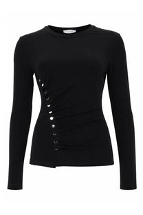 Rabanne women’s black long-sleeved fitted top with silver buttons and side ruching