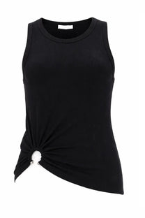 Rabanne women’s black sleeveless top with knotted front detail and silver-tone hardware accents for stylish wear