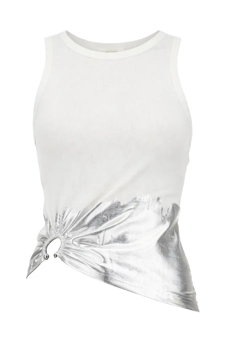 Rabanne womens white ribbed sleeveless top with metallic silver panel tied in decorative side knot