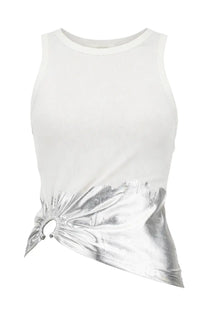 Rabanne womens white ribbed sleeveless top with metallic silver panel tied in decorative side knot