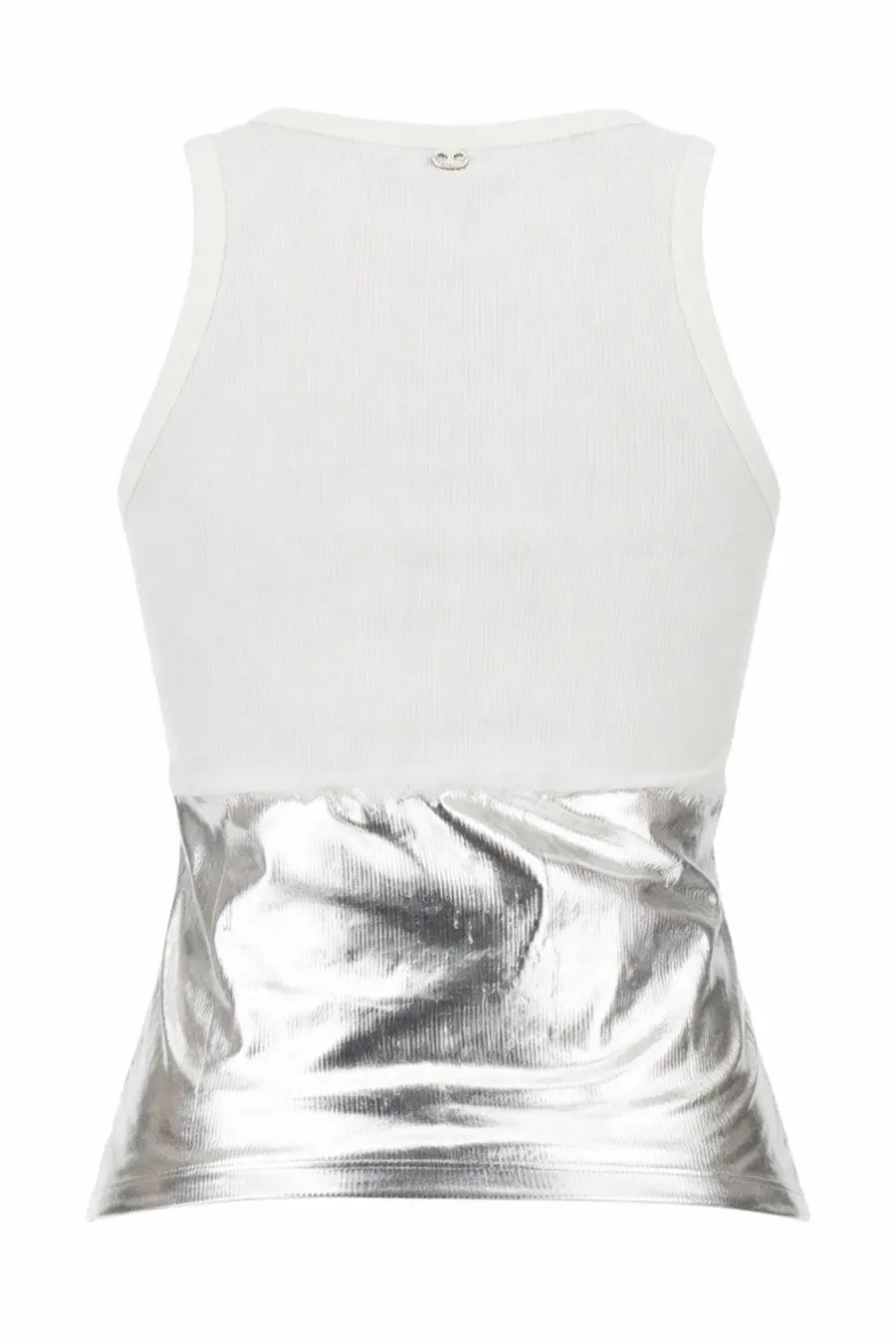 Rabanne women’s white ribbed tank top with metallic silver panel at waist featuring piercing application