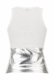 Rabanne women’s white ribbed tank top with metallic silver panel at waist featuring piercing application