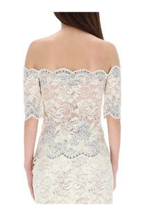 Rabanne women’s off-the-shoulder cream lace dress with floral patterns and scalloped edges