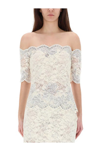 Rabanne women’s off-the-shoulder cream lace dress with floral patterns and scalloped edges