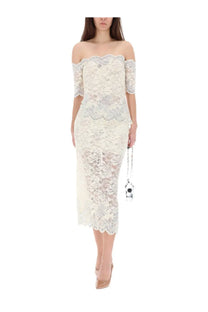 Rabanne women’s off-the-shoulder cream lace midi dress with floral pattern and scalloped hem in white