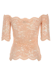 Rabanne women’s peach lace top with three-quarter sleeves and scalloped hem with sequin embellishments