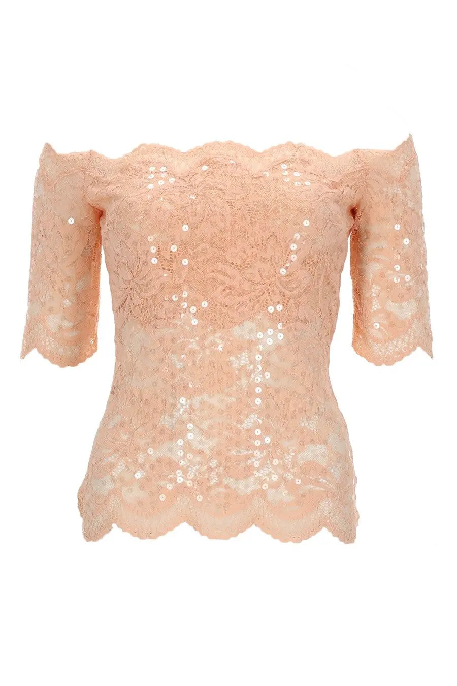 Rabanne women’s peach lace top with short sleeves scalloped hem and scattered silver sequins