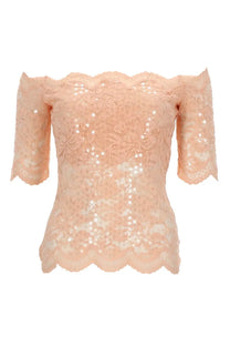Rabanne women’s peach lace top with short sleeves scalloped hem and scattered silver sequins
