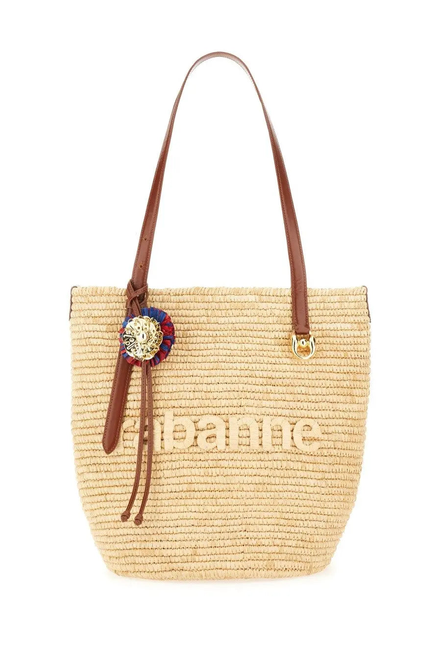 Rabanne women’s tote bag beige straw with brown leather handles and decorative circular charm