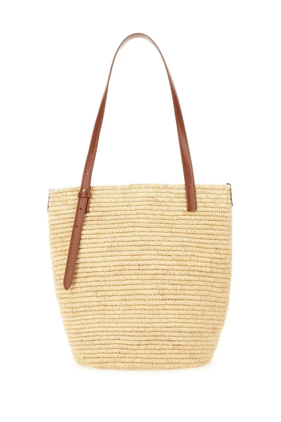 Rabanne women’s beige tote bag made of straw with brown leather handles perfect for everyday use