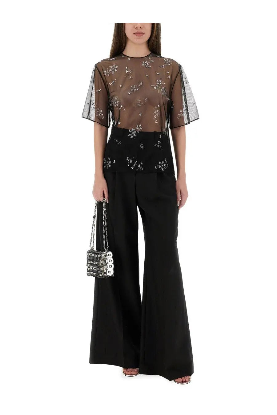 Rabanne women’s transparent top black mini bag with black sequins and silver chain strap for evening use