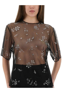 Rabanne women’s transparent black sheer blouse with delicate silver floral embroidery and short sleeves