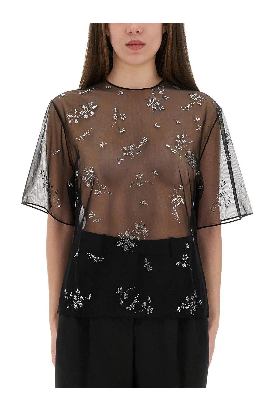 Rabanne women’s transparent sheer brown top with silver floral embroidery and short flutter sleeves paired with black skirt