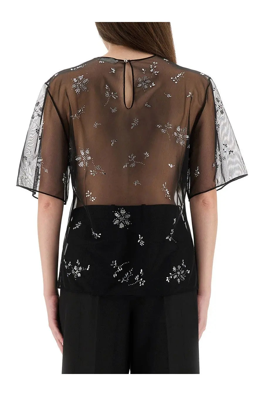 Rabanne women’s transparent top black with sheer brown fabric silver floral embroidery black mesh sleeves and solid black lower section