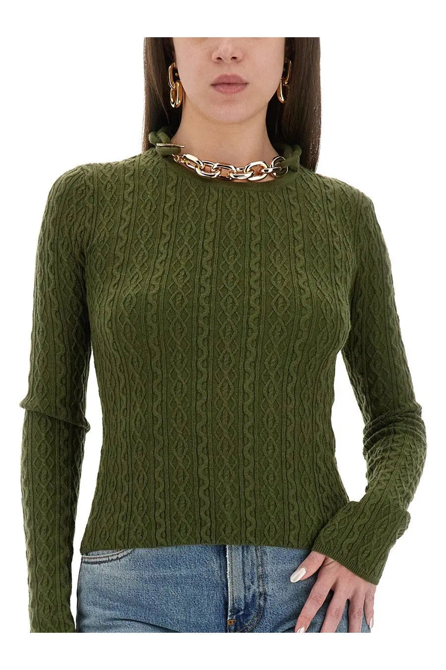 Rabanne women’s wool jersey green olive green cable knit long sleeve sweater with high neckline and rolled cuffs