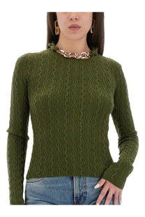 Rabanne women’s wool jersey green olive green cable knit long sleeve sweater with high neckline and rolled cuffs