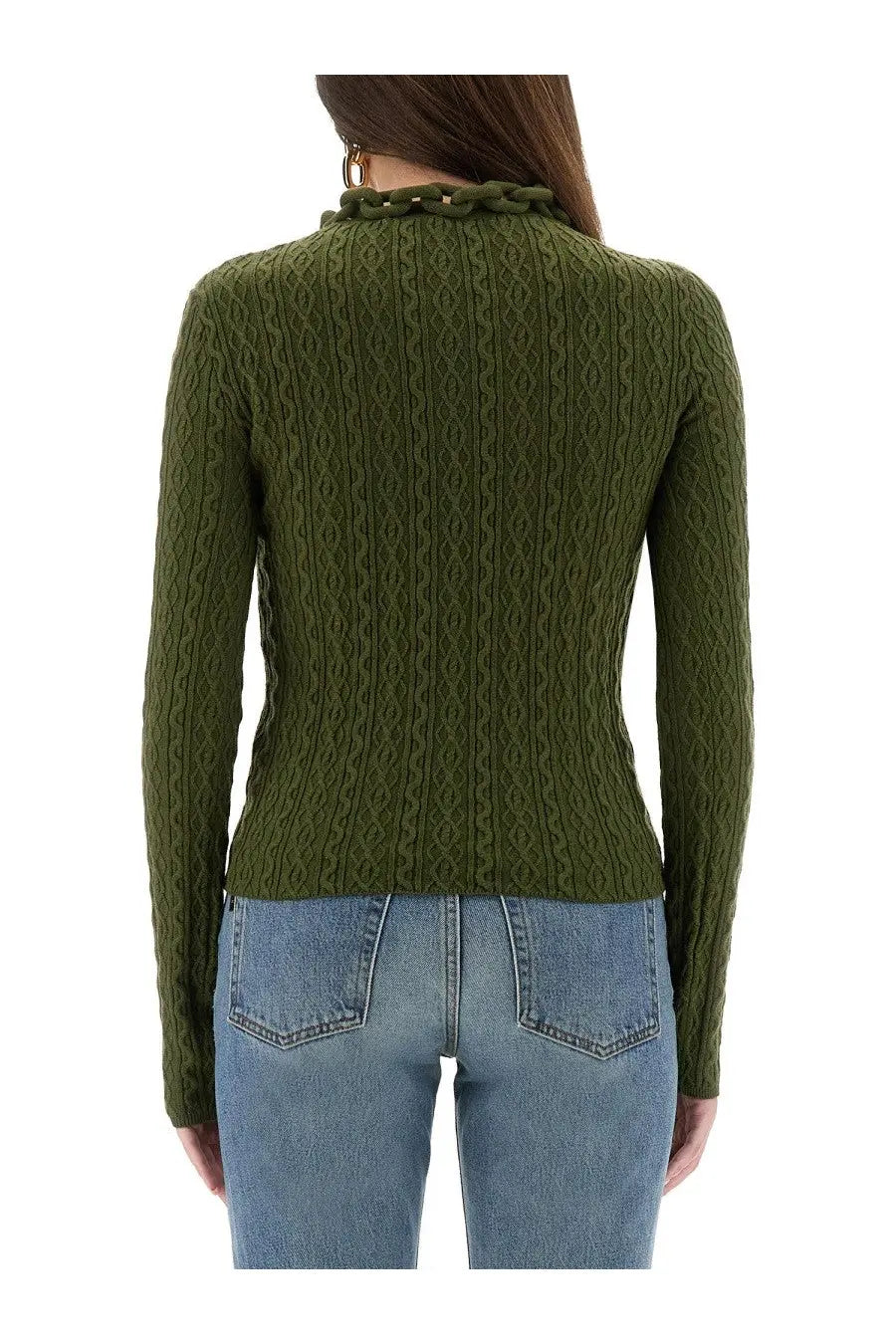 Olive green cable-knit wool sweater for women by rabanne with decorative chain detail at the neckline