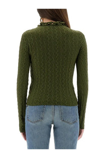 Olive green cable-knit wool sweater for women by rabanne with decorative chain detail at the neckline