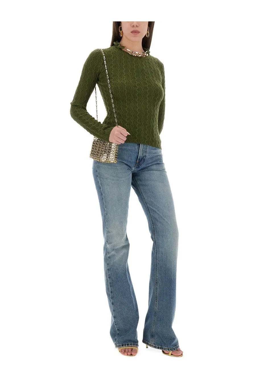 Olive green cable knit wool jersey sweater with decorative gold chain necklace detail by rabanne women