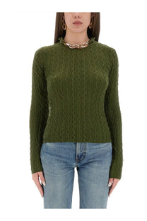 Olive green cable knit wool sweater with ribbed neckline and long sleeves by Rabanne womens wool jersey green