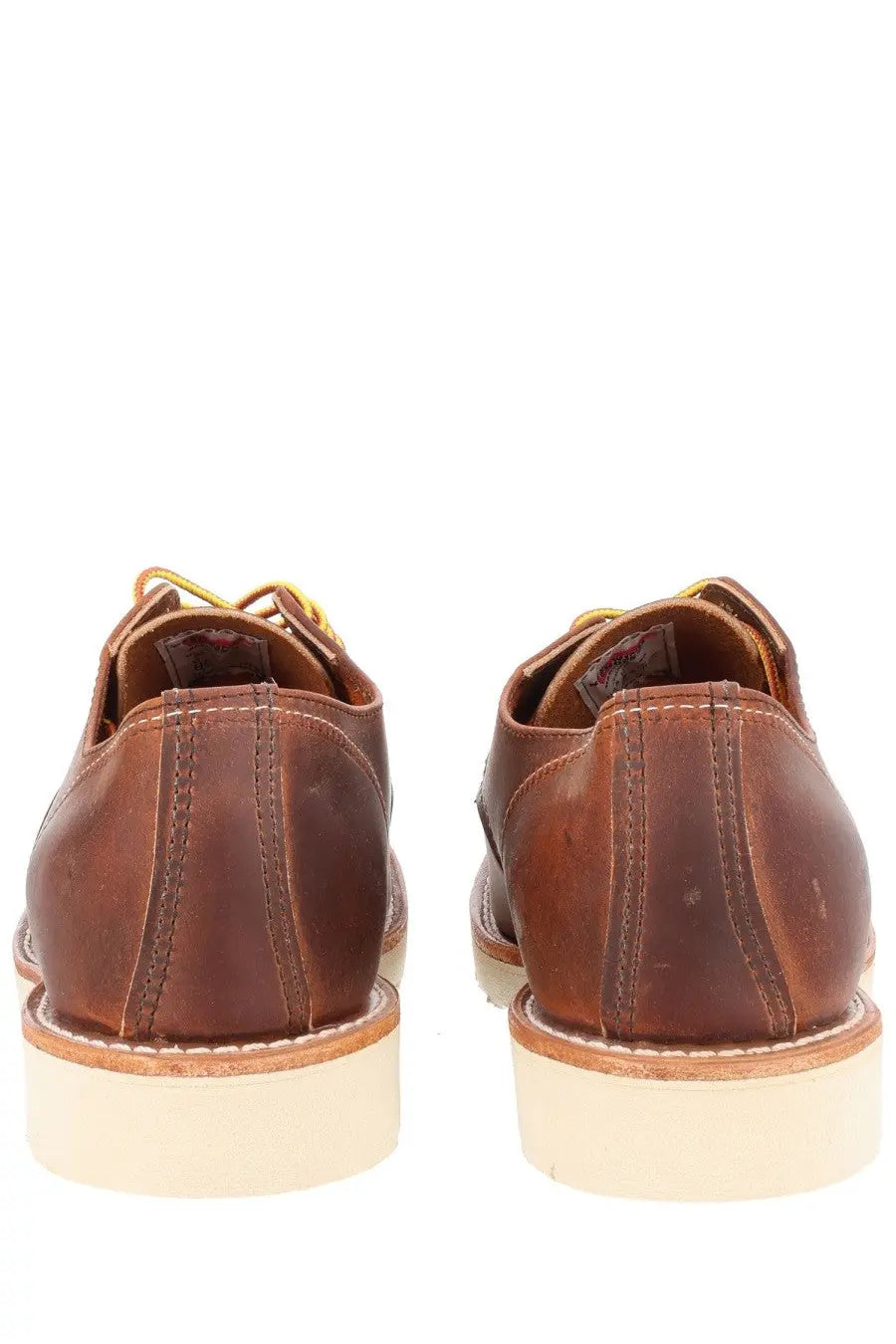 Red Wing men’s mocassino shop moc oxford brown leather lace-up dress shoes with tan soles and yellow laces