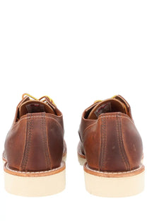 Red Wing men’s mocassino shop moc oxford brown leather lace-up dress shoes with tan soles and yellow laces