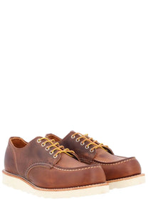 Brown leather Red Wing men’s mocassino shop moc oxford boots with tan laces and white rubber soles