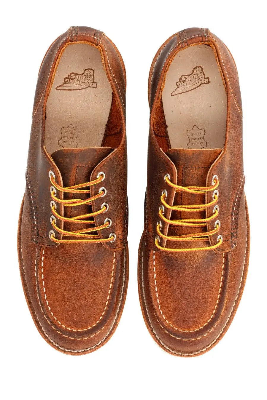 Red wing men’s mocassino shop moc oxford brown brown leather work boots with tan laces and white stitching