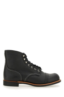 Black leather Red Wing 8037 work boot with white stitching and silver eyelets in Red Wing men’s Stivale Iron Ranger black