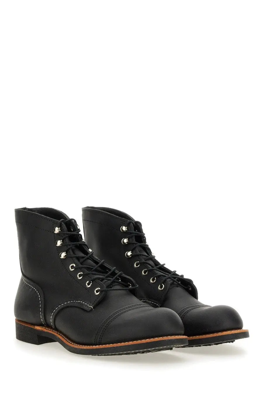 Red wing men’s stivale iron ranger black black leather work boots with silver eyelets and tan stitching
