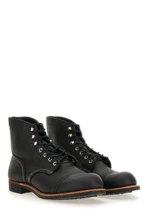 Red wing men’s stivale iron ranger black black leather work boots with silver eyelets and tan stitching