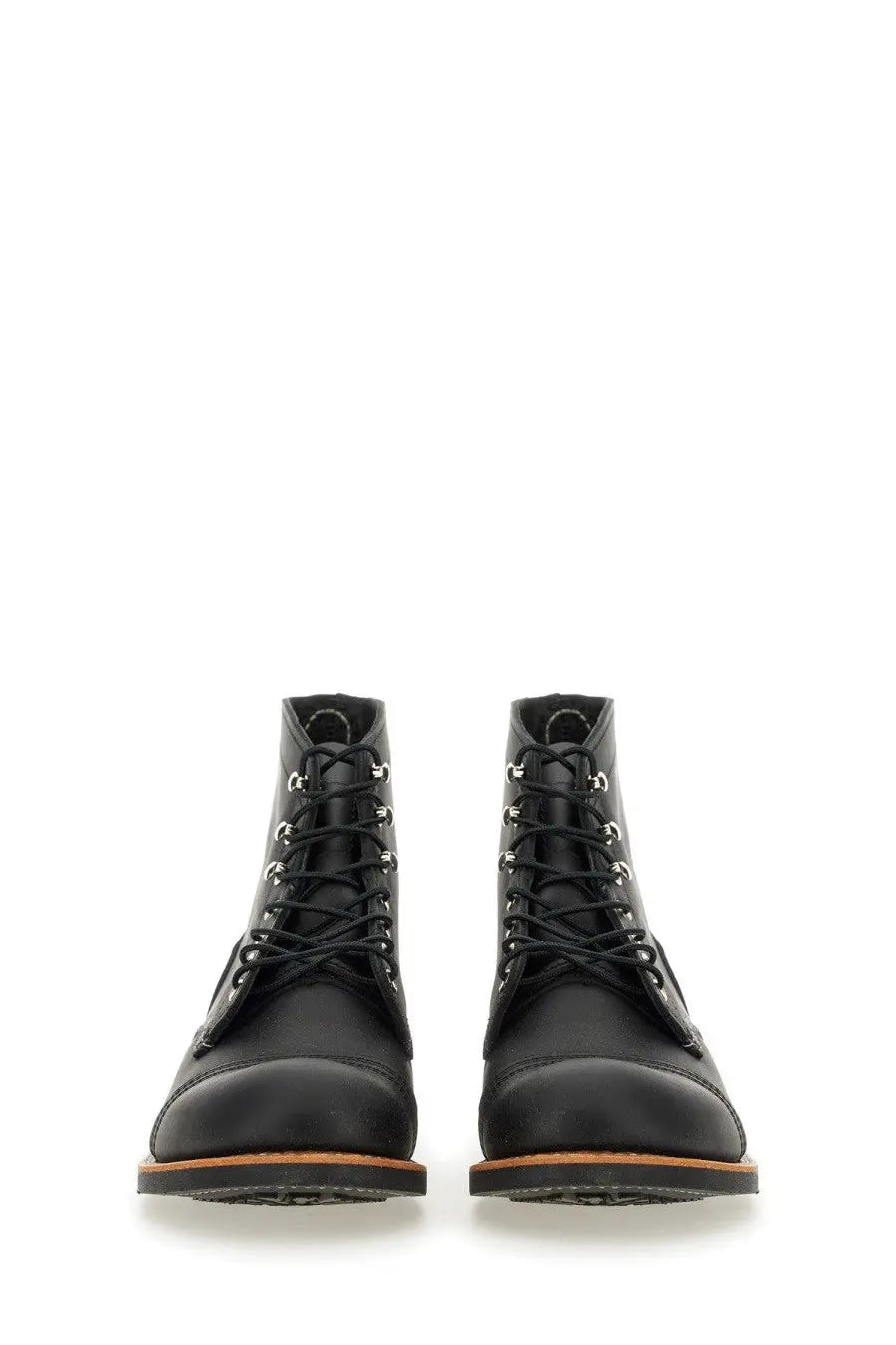 Red Wing men’s Stivale Iron Ranger black leather lace-up work boots with silver eyelets and tan soles