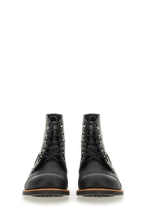 Red Wing men’s Stivale Iron Ranger black leather lace-up work boots with silver eyelets and tan soles