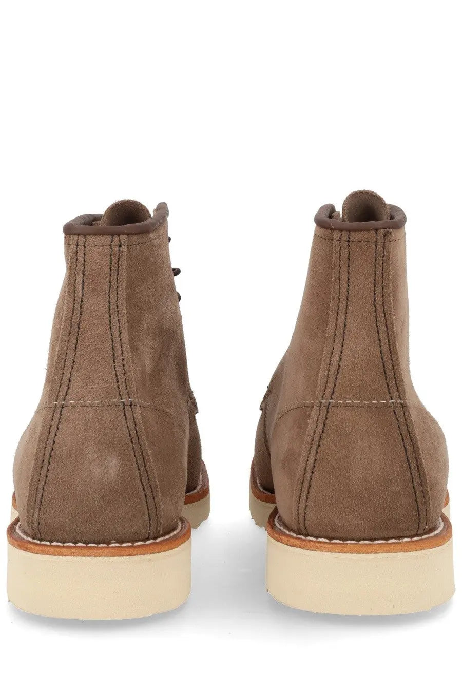 Red wing men’s stivale stringato classic moc beige brown suede high-top work boots with tan stitching and cream sole