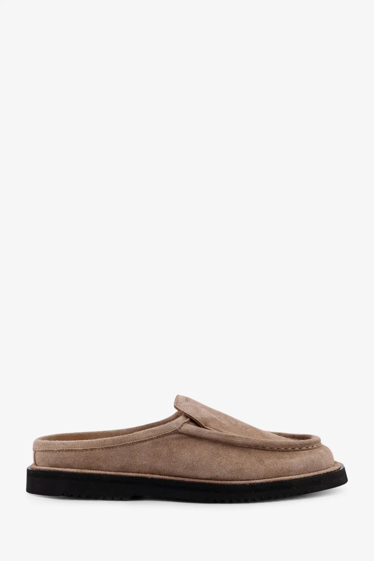 Beige suede mule slip-on loafer with black rubber sole from reference men’s the canoa resort suede sabot beige collection