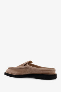 Beige suede mule slip-on shoe with black rubber sole from reference mens the canoa resort suede sabot collection