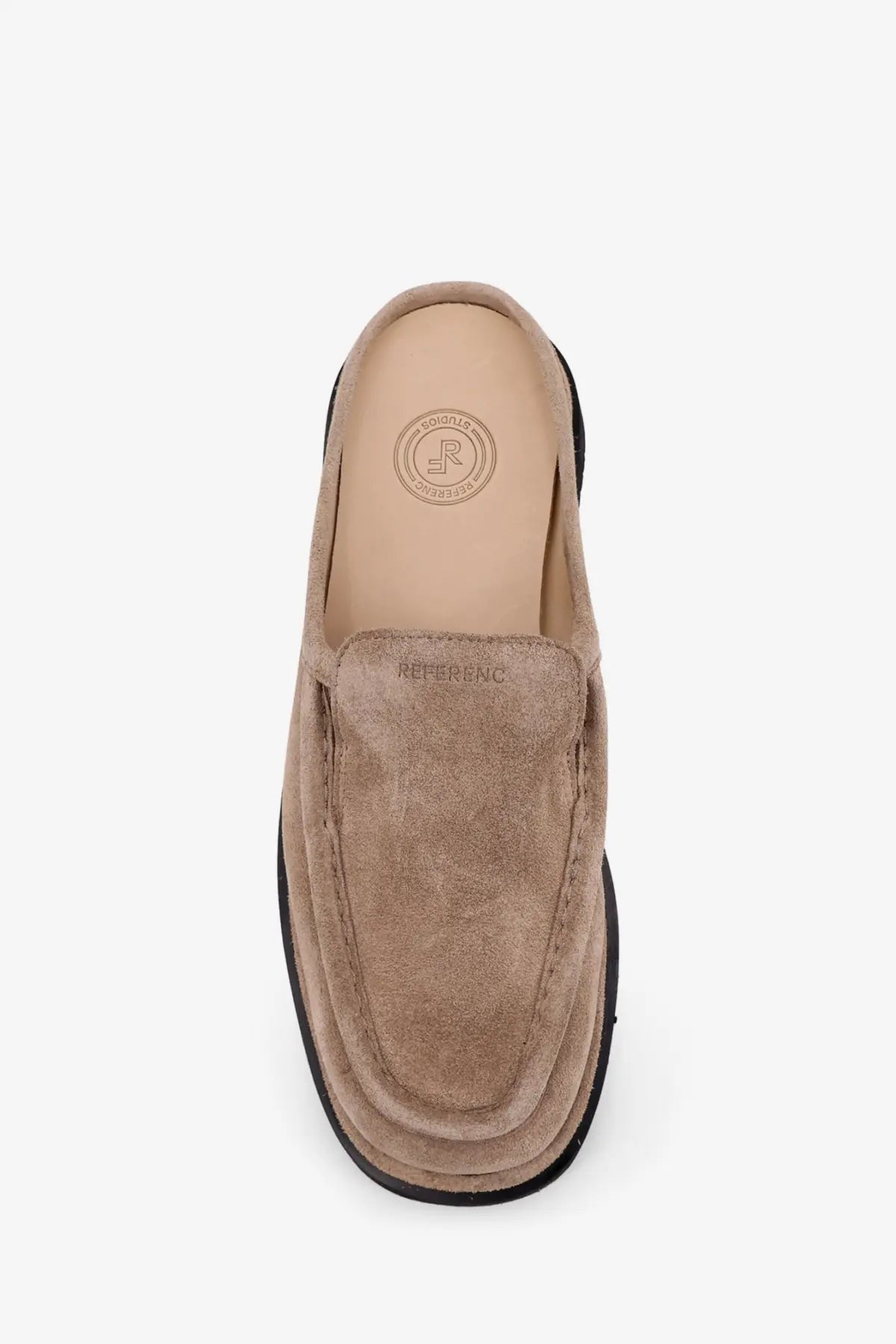 Reference men’s the canoa resort tan suede slip-on mule shoe with black rubber sole and stitched detailing