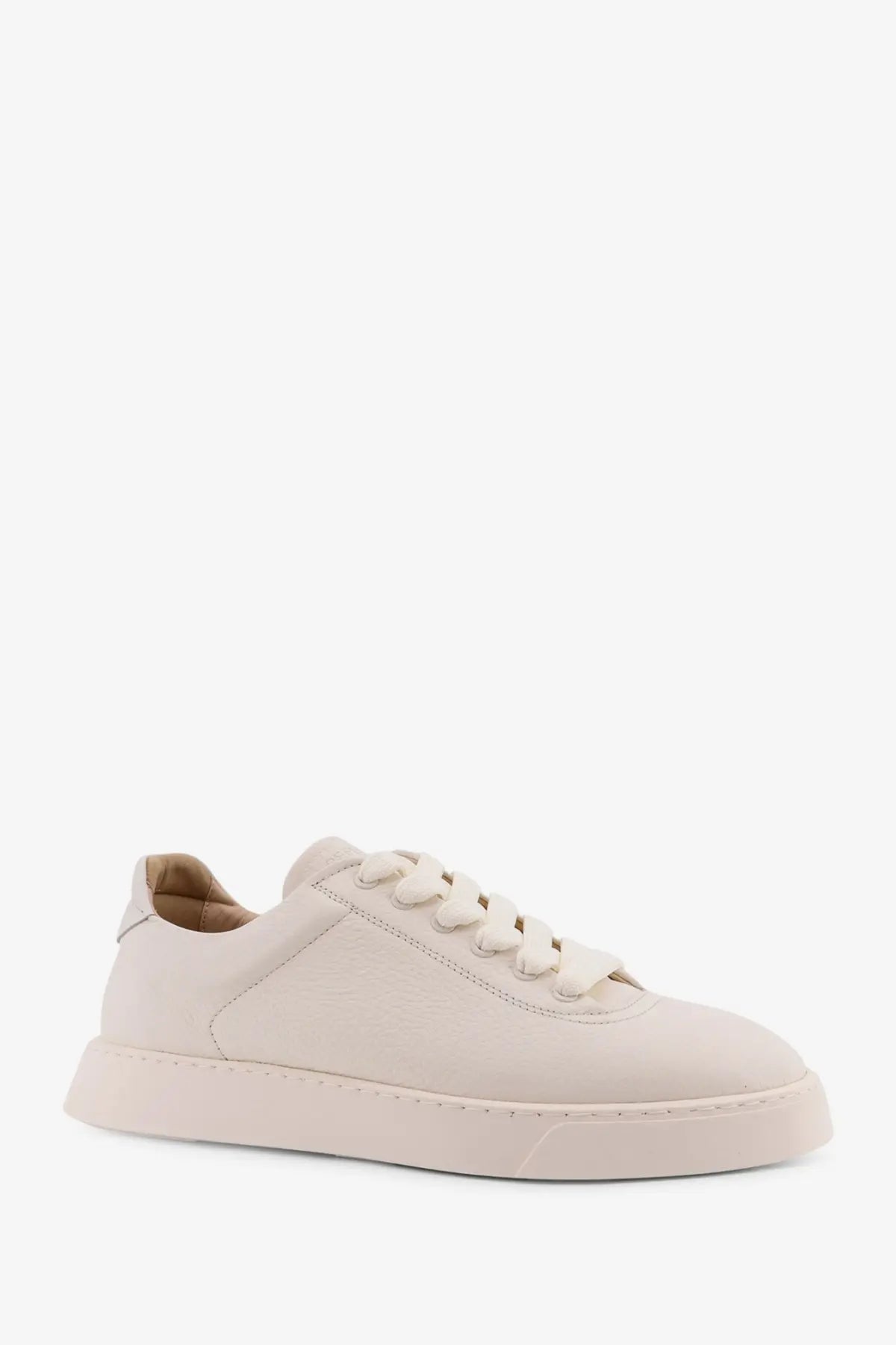Cream-colored leather low-top sneaker with minimalist design and matching laces from Reference Men’s The Cassetta collection