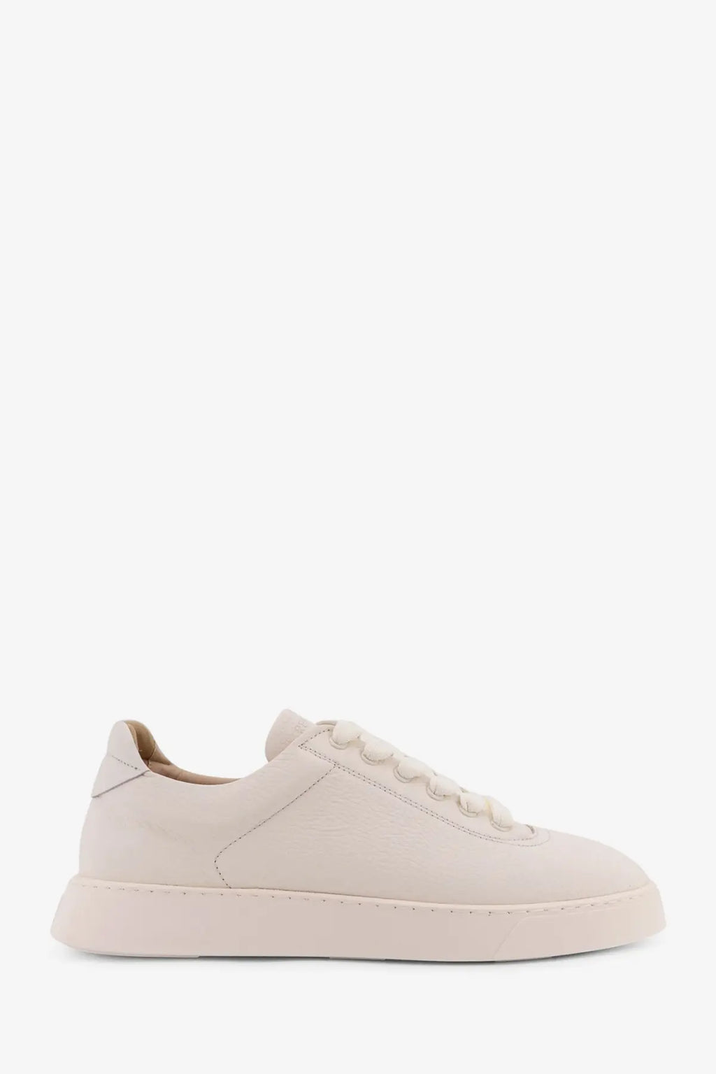 Cream-colored suede low-top Reference men’s The Cassetta leather sneaker with minimalist design and matching flat sole