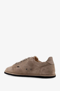 Beige suede low-top sneaker with black rubber sole and matching laces in reference mens the shamal suede sneakers beige