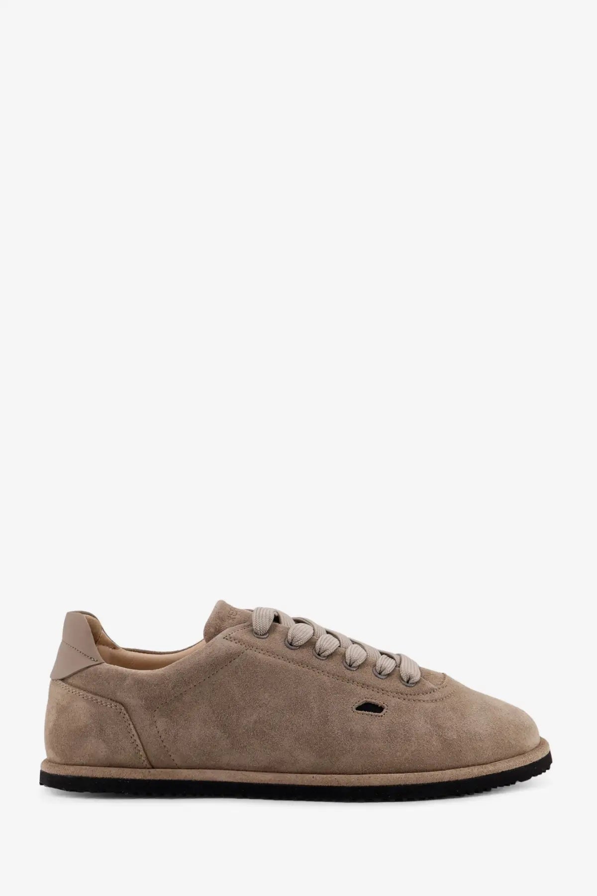 Beige suede low-top Reference men’s The Shamal sneakers with matching laces and black rubber sole shown from the back