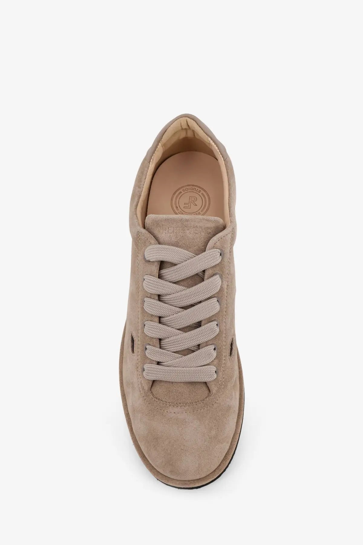 Beige suede low-top sneaker with matching laces and subtle logo on the insole from Reference men’s the Shamal collection