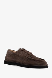 Brown suede men’s loafer with black rubber sole and matching laces from reference the tahoe resort suede lace beige collection