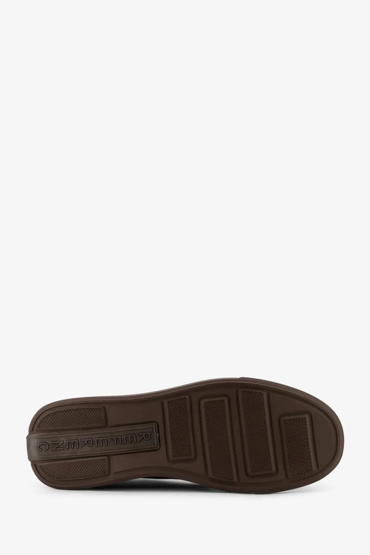 Brown rubber sole with textured grip and embossed brand logo on reference men’s tahoe suede lace up shoes brown